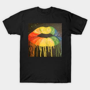 Pop Art Graphic Design Drippy Kissing Lips Be Happy Rainbow T-Shirt